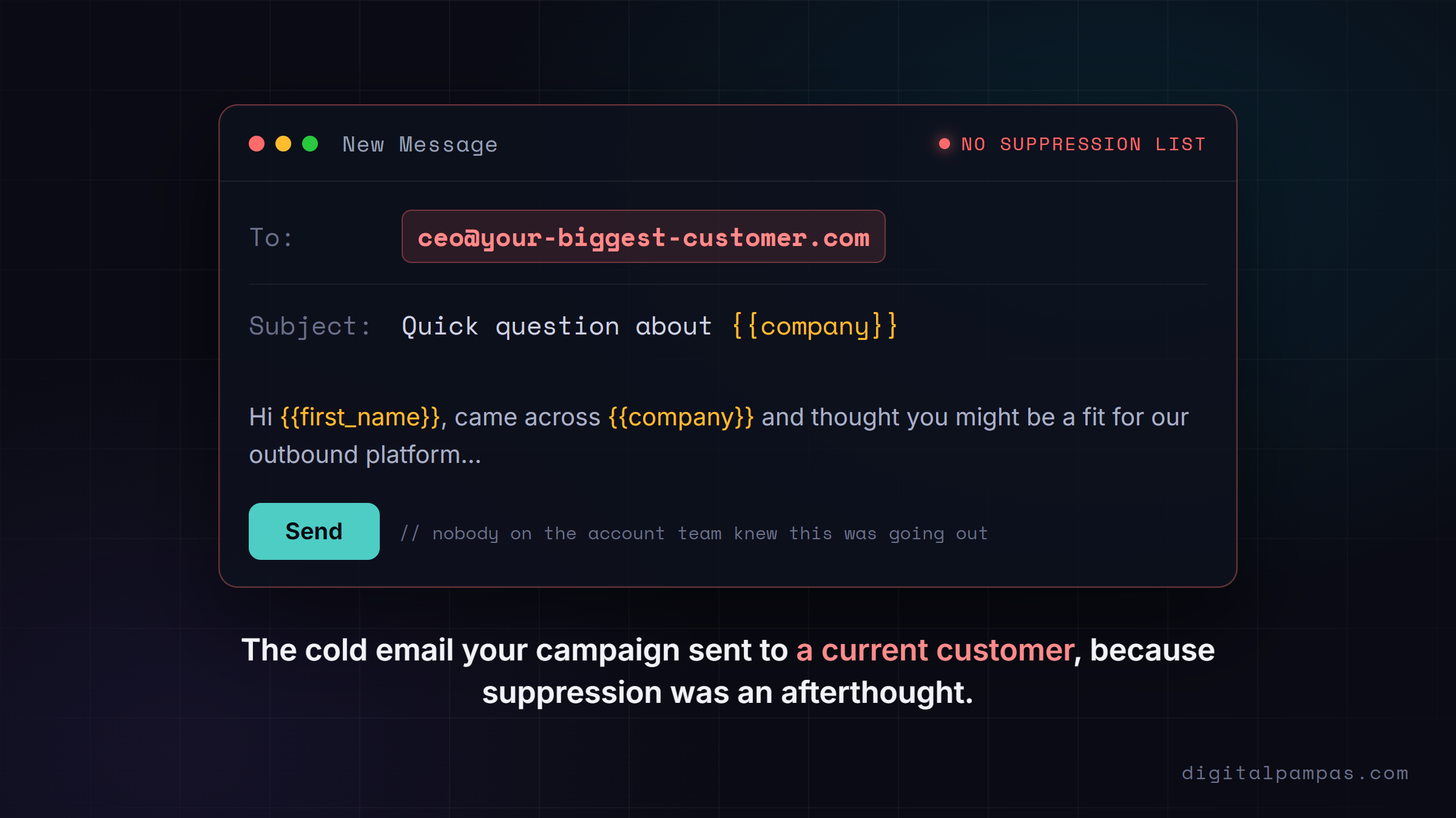A cold email composed to ceo@your-biggest-customer.com with no suppression list in place